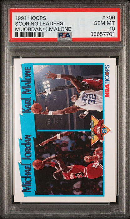 Graded 1991 NBA Hoops Michael Jordan #306 Scoring Leaders Karl Malone Basketball Card PSA 10 Gem Mint