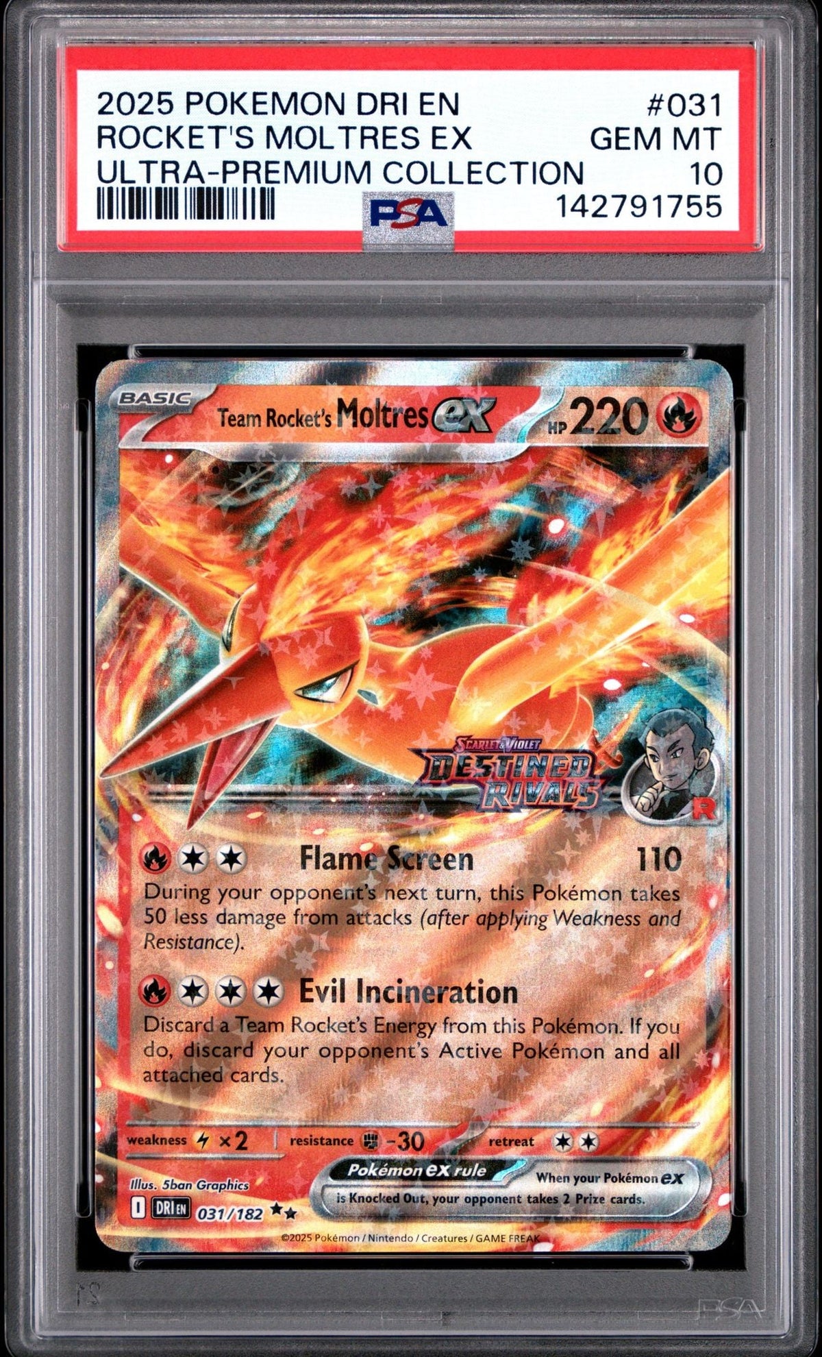 Graded 2025 Pokemon EN DRI Rocket's Moltres Ex #031 Stamped Ultra Premium Collection Trading Card Game PSA 10 GEM MINT