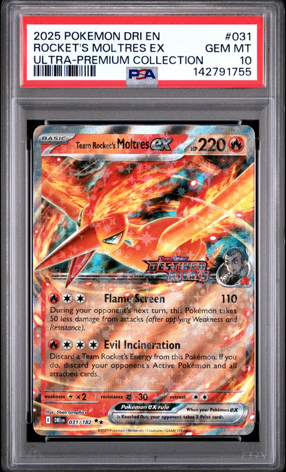 Graded 2025 Pokemon EN DRI Rocket's Moltres Ex #031 Stamped Ultra Premium Collection Trading Card Game PSA 10 GEM MINT