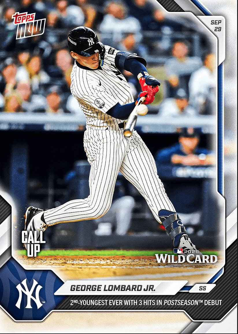 2026 Topps Now George Lombard Jr #740 2nd Youngest Ever with 3 Hits in Postseason Debut New York Yankees Rookie RC Baseball Card