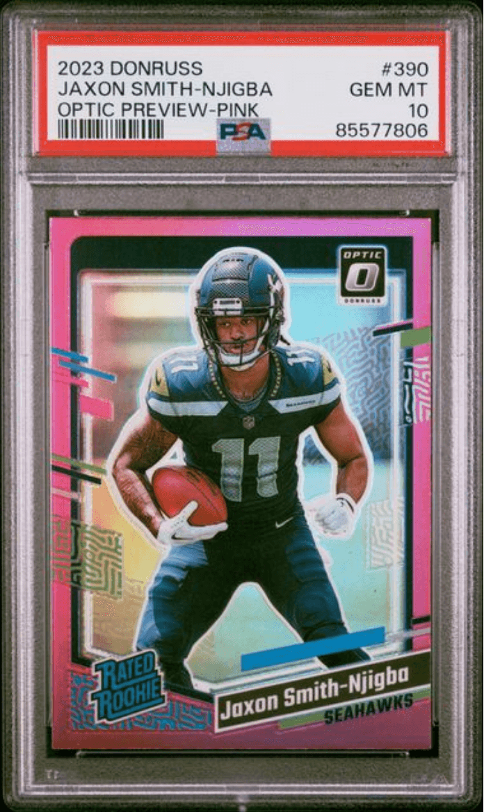 Graded 2023 Panini Donruss Jaxon Smith-Njigba #390 Optic Preview Pink Rookie RC Football Card PSA 10 Gem Mint