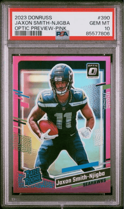 Graded 2023 Panini Donruss Jaxon Smith-Njigba #390 Optic Preview Pink Rookie RC Football Card PSA 10 Gem Mint