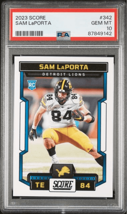 Graded 2023 Panini Score Sam LaPorta #342 Rookie RC Football Card PSA 10 Gem Mint