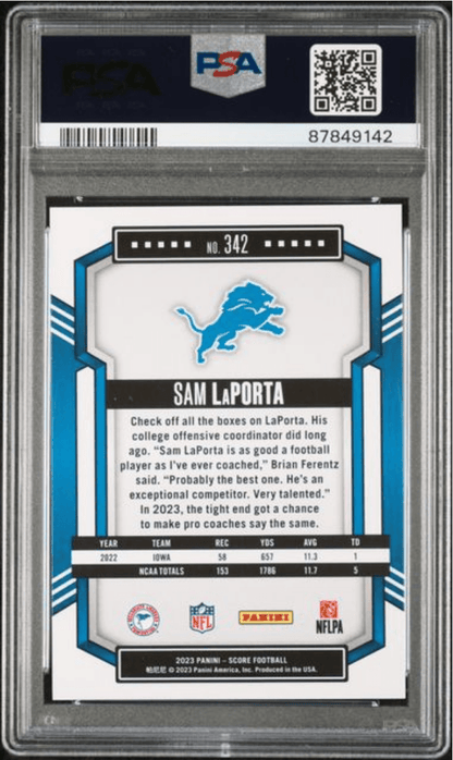 Graded 2023 Panini Score Sam LaPorta #342 Rookie RC Football Card PSA 10 Gem Mint