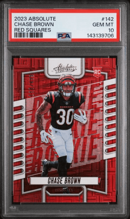 Graded 2023 Panini Absolute Chase Brown #142 Red Squares /499 Rookie RC Football Card PSA 10 Gem Mint
