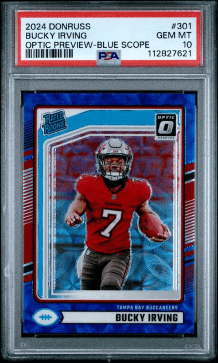 Graded 2024 Panini Donruss Bucky Irving #301 Optic Preview Blue Scope Rookie RC Football Card PSA 10 Gem Mint