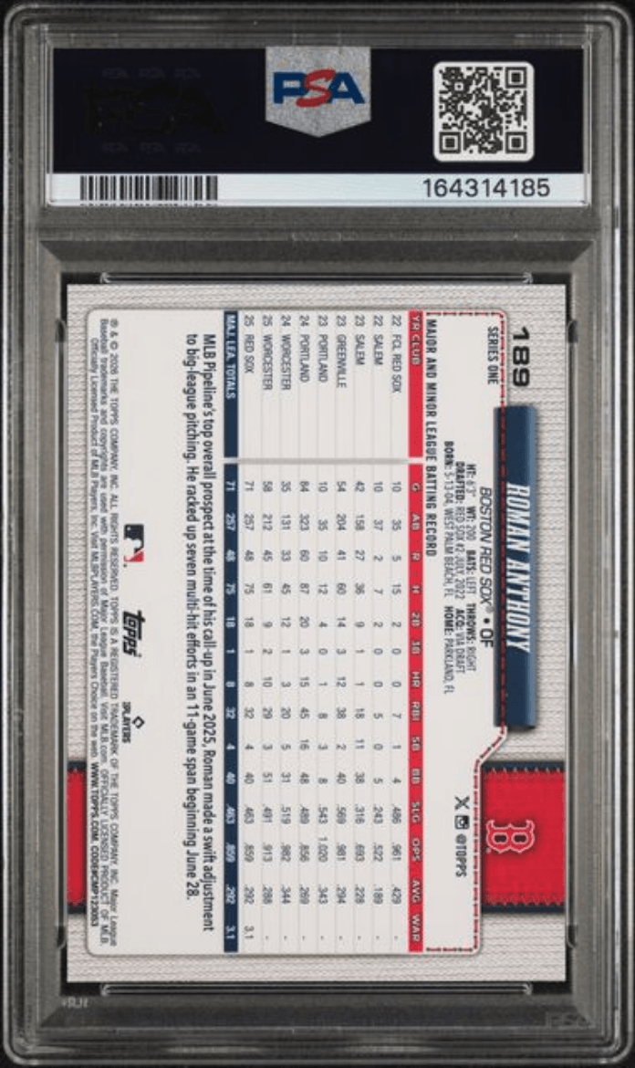 Graded 2026 Topps Roman Anthony #189 Rookie RC Baseball Card PSA 10 Gem Mint