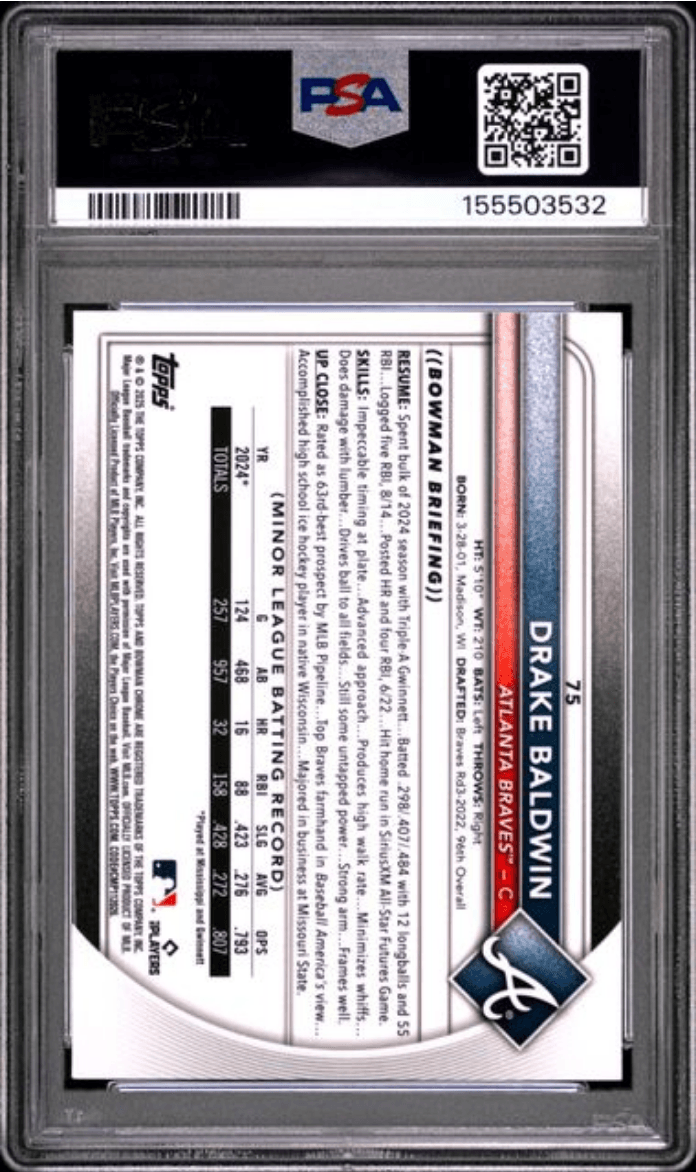 Graded 2025 Topps Bowman Chrome Sapphire Edition Drake Baldwin #75 Rookie RC Baseball Card PSA 10 Gem Mint