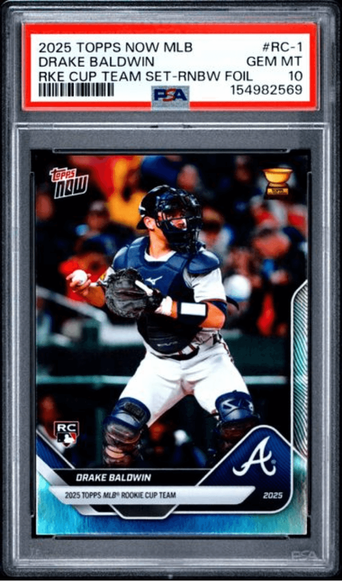 Graded 2025 Topps Now MLB Drake Baldwin #RC1 Rookie Cup Team Set Rainbow Foil Rookie RC Baseball Card PSA 10 Gem Mint