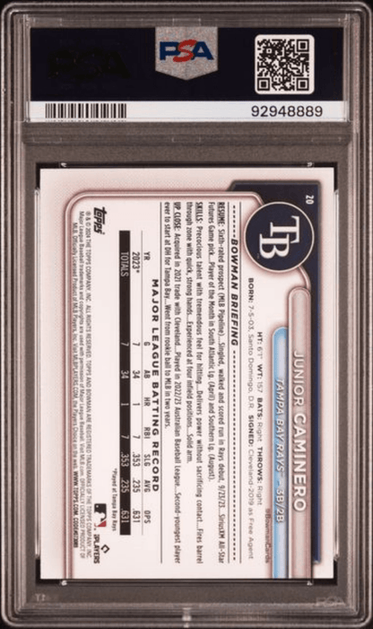Graded 2024 Topps Bowman Junior Caminero #20 Sky Blue /499 Rookie RC Baseball Card PSA 10 Gem Mint