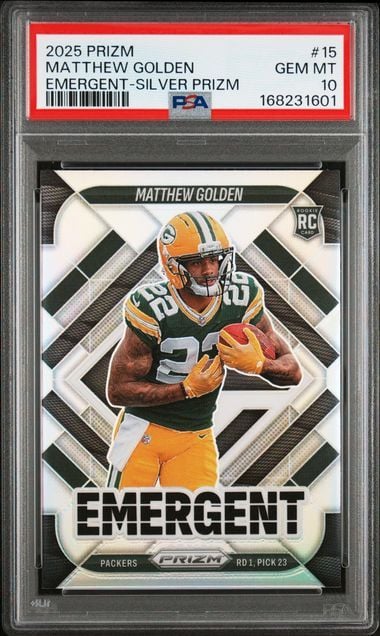 Graded 2025 Panini Prizm Matthew Golden #15 Emergent Silver Prizm Rookie RC Football Card PSA 10 Gem Mint