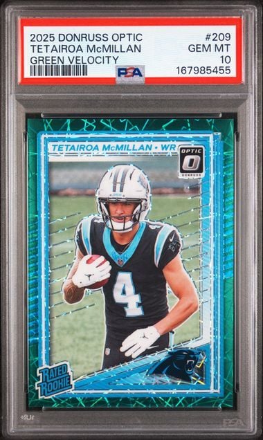 Graded 2025 Panini Donruss Optic Tetairoa McMillan #209 Green Velocity Rookie RC Football Card PSA 10 Gem Mint