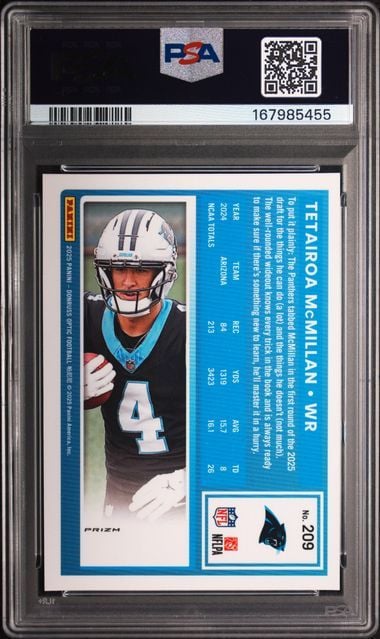 Graded 2025 Panini Donruss Optic Tetairoa McMillan #209 Green Velocity Rookie RC Football Card PSA 10 Gem Mint