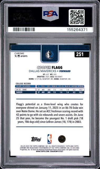 Graded 2025 Topps Chrome Cooper Flagg #251 Rookie RC Basketball Card PSA 10 Gem Mint