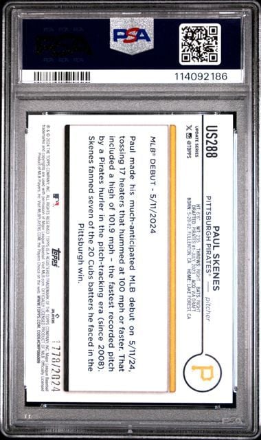 Graded 2024 Topps Update Paul Skenes #US288 Gold /2024 Rookie RC Baseball Card PSA 10 Gem Mint