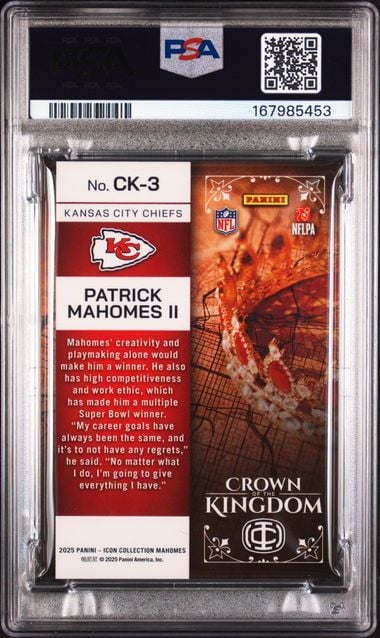Graded 2025 Panini Icons Collection Patrick Mahomes II #CK3 Crown of the Kingdom Football Card PSA 10 Gem Mint
