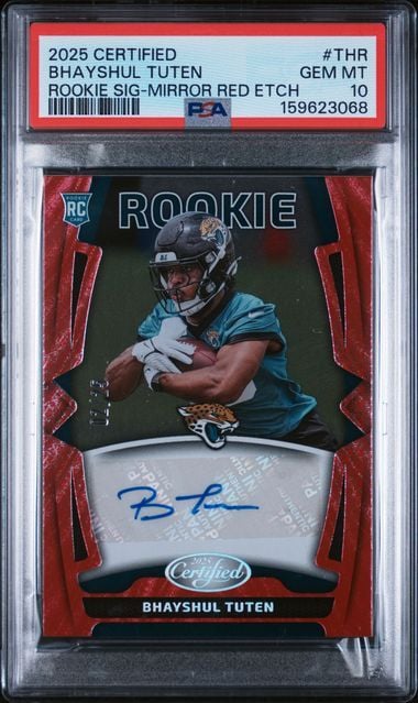 Graded 2025 Panini Certified Bhayshul Tuten #THR Rookie Signature Mirror Red Etch /25 Rookie RC Football Card PSA 10 Gem Mint