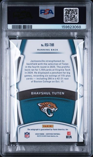 Graded 2025 Panini Certified Bhayshul Tuten #THR Rookie Signature Mirror Red Etch /25 Rookie RC Football Card PSA 10 Gem Mint