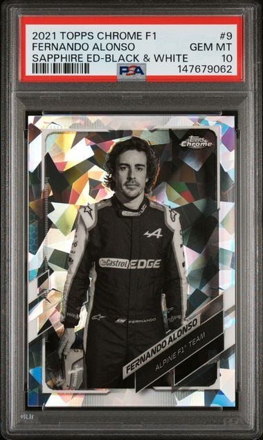Graded 2021 Topps Chrome F1 Fernando Alonso #9 Sapphire Edition Black & White 15/15 F1 Racing Card PSA 10 Gem Mint