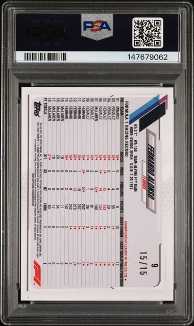 Graded 2021 Topps Chrome F1 Fernando Alonso #9 Sapphire Edition Black & White 15/15 F1 Racing Card PSA 10 Gem Mint