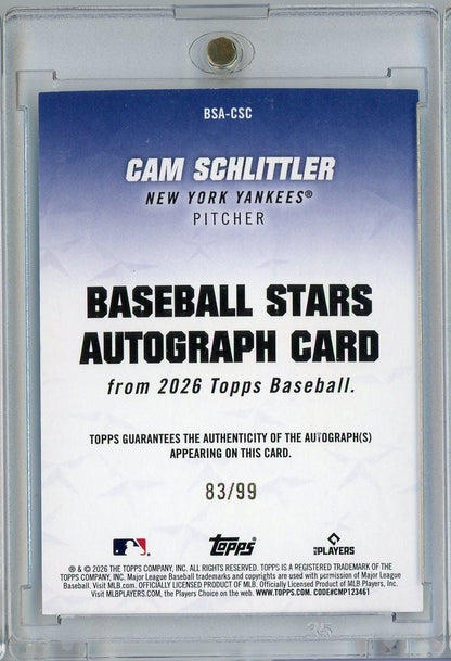 2026 Topps Cam Schlittler #BSACSC Baseball Stars Autograph Card Green /99 Rookie RC Baseball Card