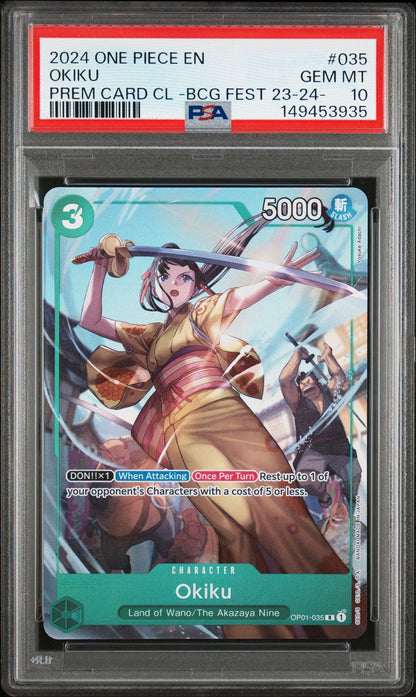 Graded 2024 EN One Piece Okiku #035 Bandai Trading Card Game PSA 10 Gem Mint