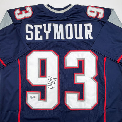 Autographed/Signed Richard Seymour New England Blue Football Jersey Beckett BAS COA