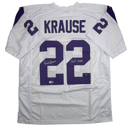 Autographed/Signed Paul Krause Minnesota White Football Jersey Beckett BAS COA