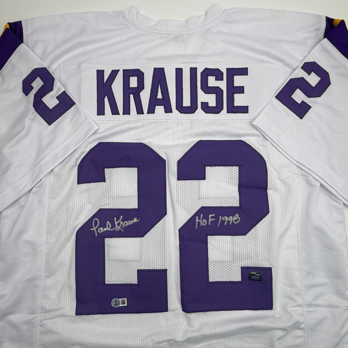 Autographed/Signed Paul Krause Minnesota White Football Jersey Beckett BAS COA
