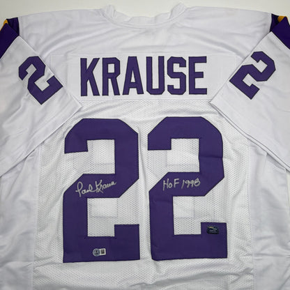 Autographed/Signed Paul Krause Minnesota White Football Jersey Beckett BAS COA