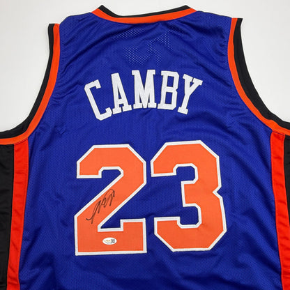Autographed/Signed Marcus Camby New York Blue Basketball Jersey JSA COA