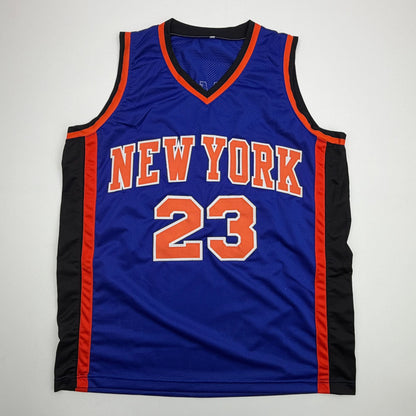 Autographed/Signed Marcus Camby New York Blue Basketball Jersey JSA COA