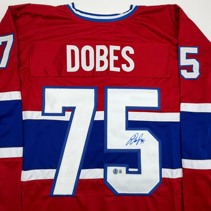 Autographed/Signed Jakub Dobes Montreal Red Hockey Jersey Beckett BAS COA