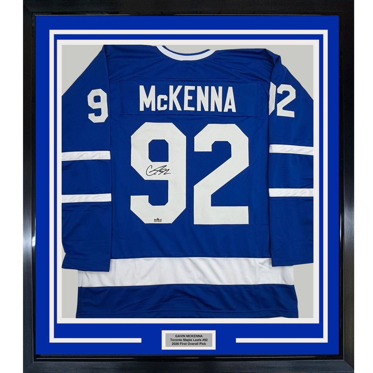 Framed Facsimile Autographed Gavin McKenna 35x39 Toronto Blue Reprint Laser Auto Hockey Jersey Size Men's XL