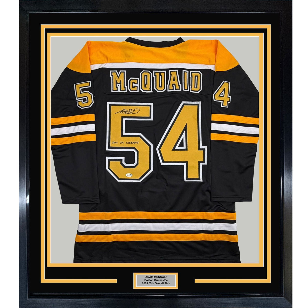 Framed Autographed/Signed Adam McQuaid 35x39 Boston Black Hockey Jersey JSA COA