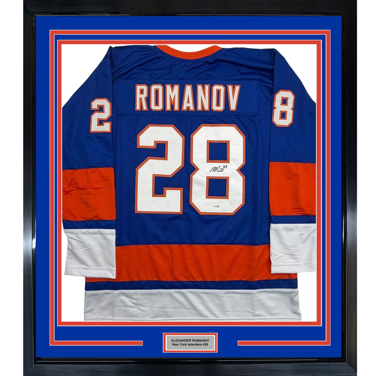 Framed Autographed/Signed Alexander Romanov 35x39 New York Blue Hockey Jersey JSA COA