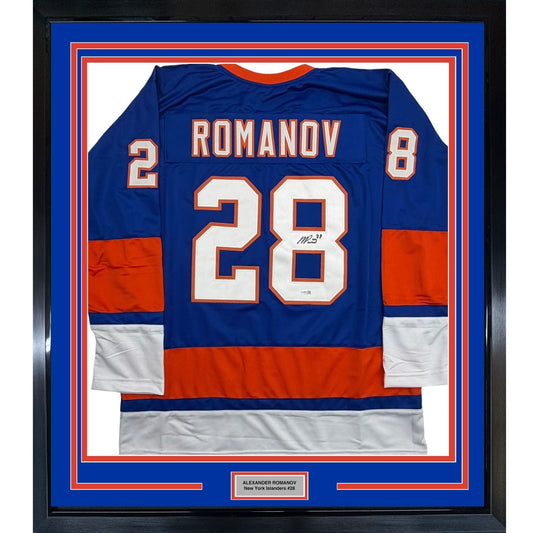Framed Autographed/Signed Alexander Romanov 35x39 New York Blue Hockey Jersey JSA COA