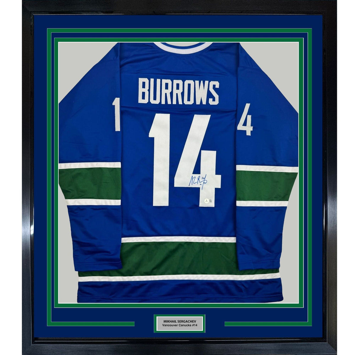 Framed Autographed/Signed Alexandre Alex Burrows 35x39 Vancouver Blue Hockey Jersey Beckett BAS COA