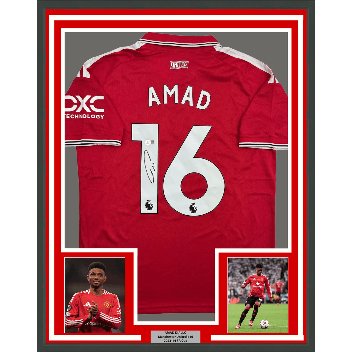 Framed Autographed/Signed Amad Diallo 35x39 Manchester United Red Soccer Futbol Jersey Beckett BAS COA