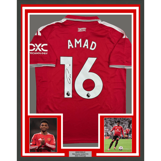 Framed Autographed/Signed Amad Diallo 35x39 Manchester United Red Soccer Futbol Jersey Beckett BAS COA