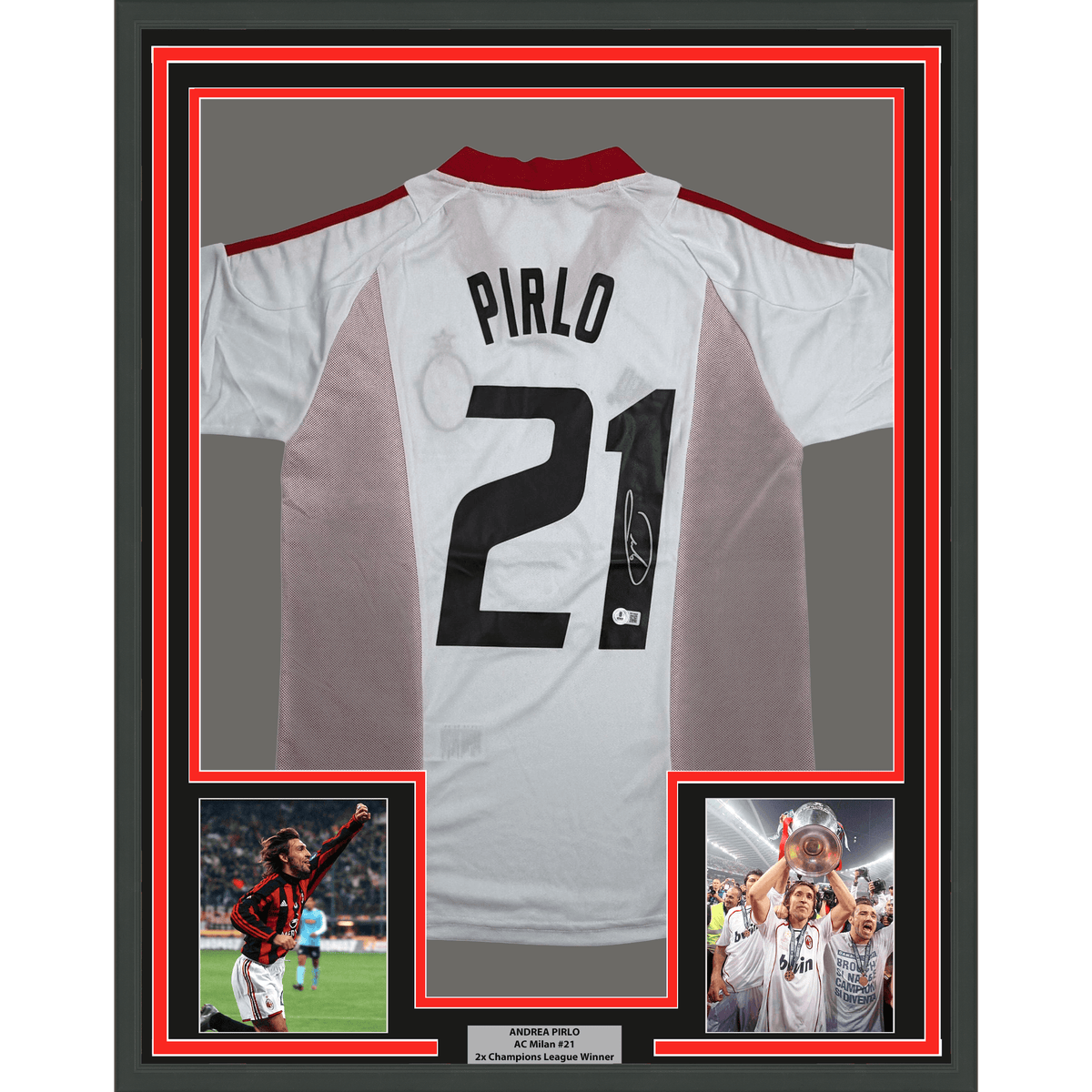 Framed Autographed/Signed Andrea Pirlo 35x39 AC Milan White Soccer Jersey Beckett BAS COA
