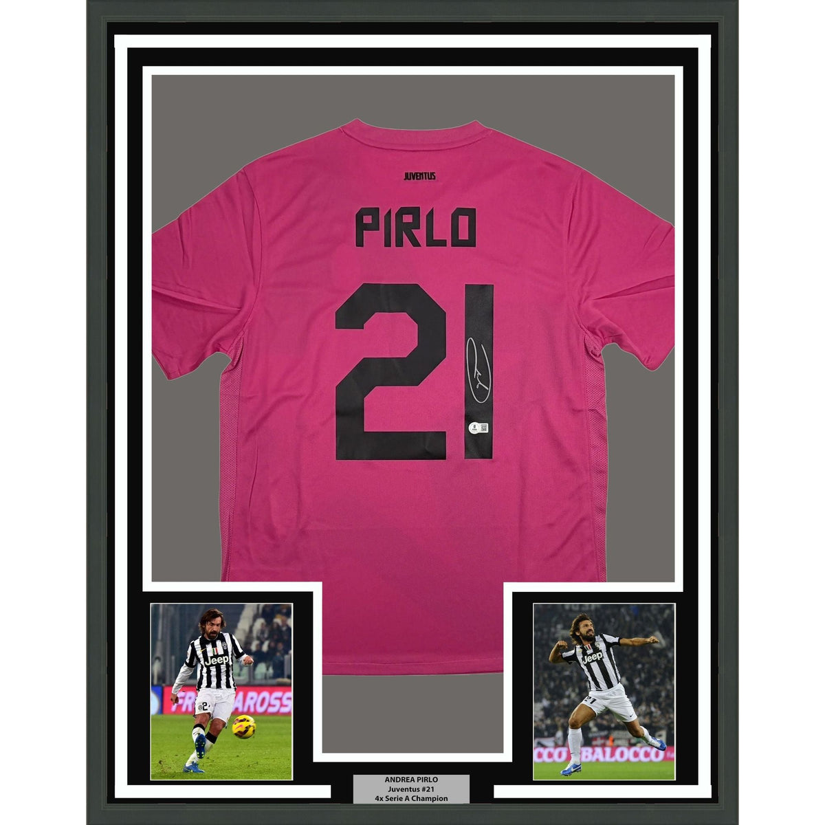 Framed Autographed/Signed Andrea Pirlo 35x39 Juventus Pink Soccer Jersey Beckett BAS COA