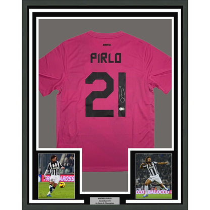 Framed Autographed/Signed Andrea Pirlo 35x39 Juventus Pink Soccer Jersey Beckett BAS COA