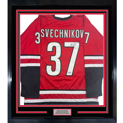 Framed Autographed/Signed Andrei Svechnikov 35x39 Carolina Red Hockey Jersey Beckett BAS COA