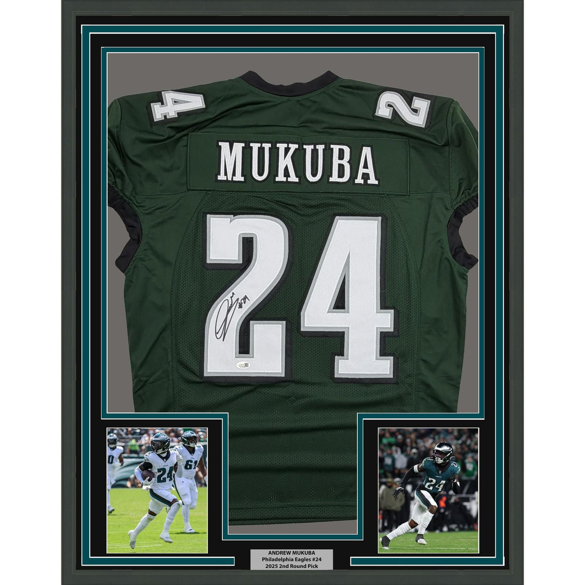 Framed Autographed/Signed Andrew Mukuba 35x39 Philadelphia Midnight Green Pro Cut Football Jersey JSA COA