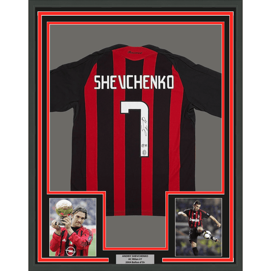 Framed Autographed/Signed Andriy Shevchenko 35x39 AC Milan Red Soccer Futbol Jersey Beckett BAS COA