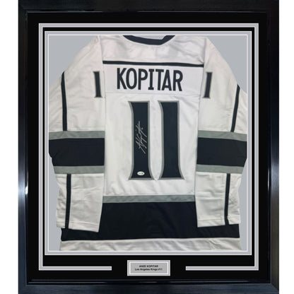Framed Autographed/Signed Anze Kopitar 35x39 Los Angeles White Hockey Jersey JSA COA