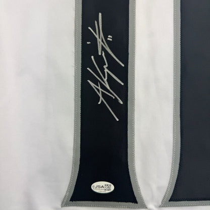 Framed Autographed/Signed Anze Kopitar 35x39 Los Angeles White Hockey Jersey JSA COA