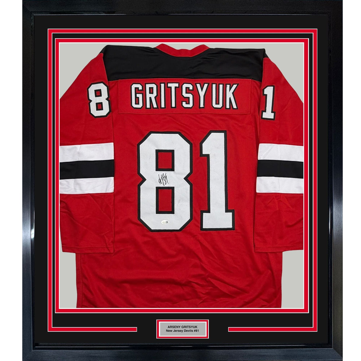 Framed Autographed/Signed Arseni Gritsyuk 35x39 New Jersey NJ Red Hockey Jersey JSA COA