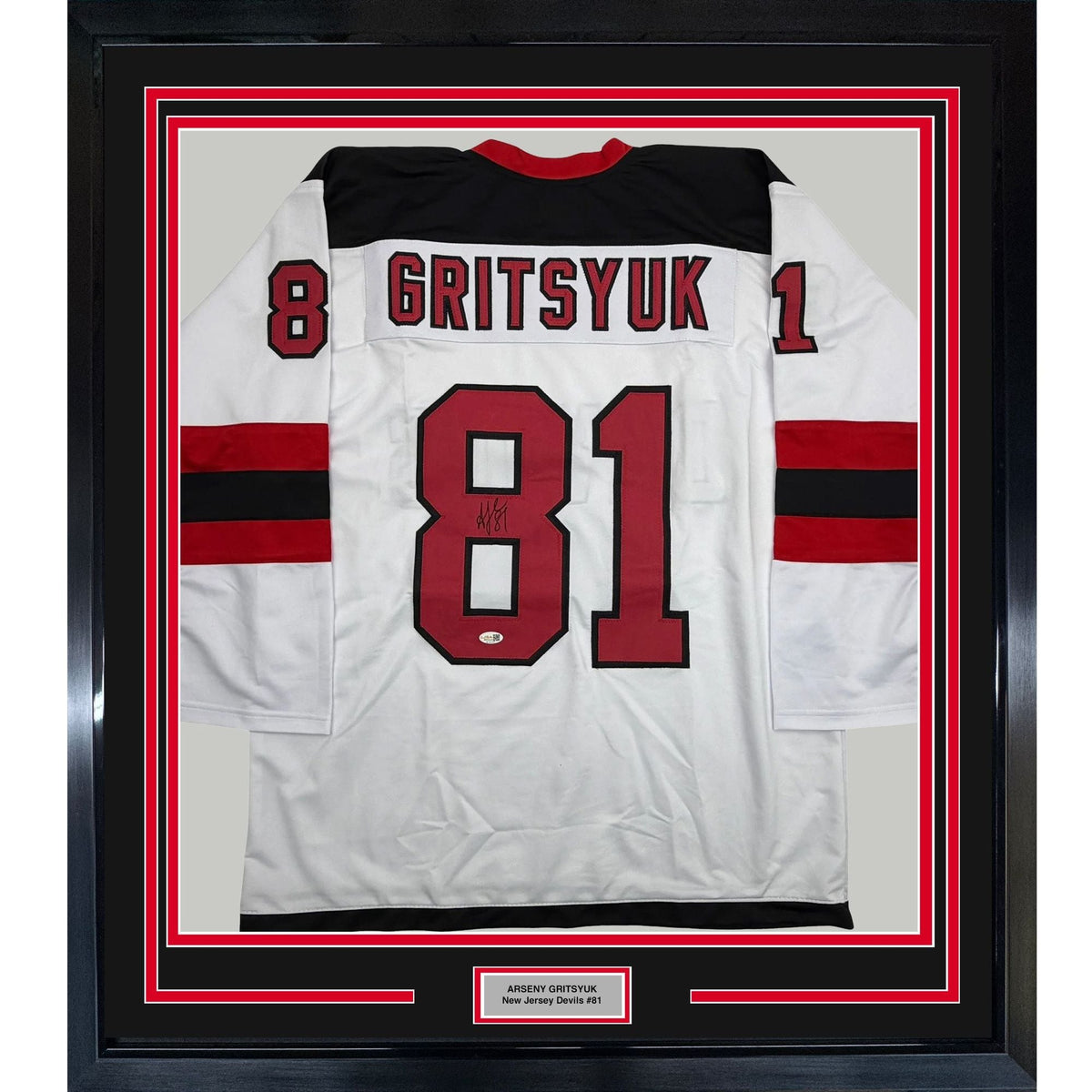 Framed Autographed/Signed Arseni Gritsyuk 35x39 New Jersey NJ White Hockey Jersey JSA COA